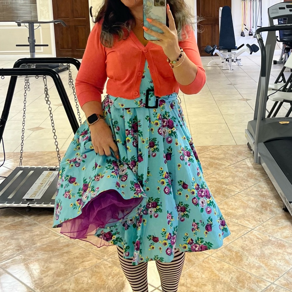 Hell Bunny vixen Blue Floral Skater pin up dress medium